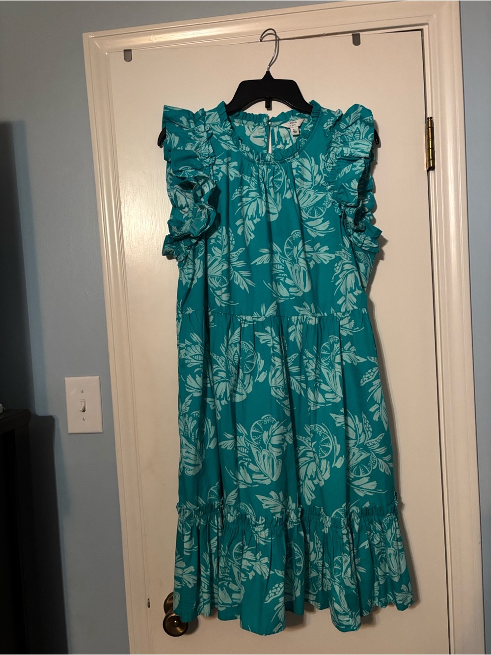 Womens Teal Floral Ruffle Sleeve Dress